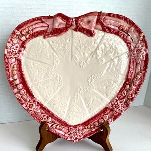 Vintage Ceramic Heart Shaped Plate with Red Embossed Border and White Design